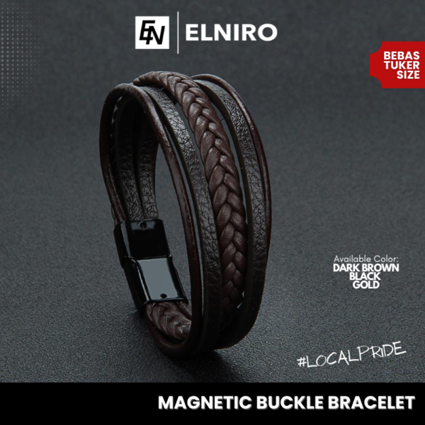 ELNIRO - Gelang Kulit Pengait Magnet Pria ANDREA Stainless Leather / Gelang Cowok Cewek / Unisex